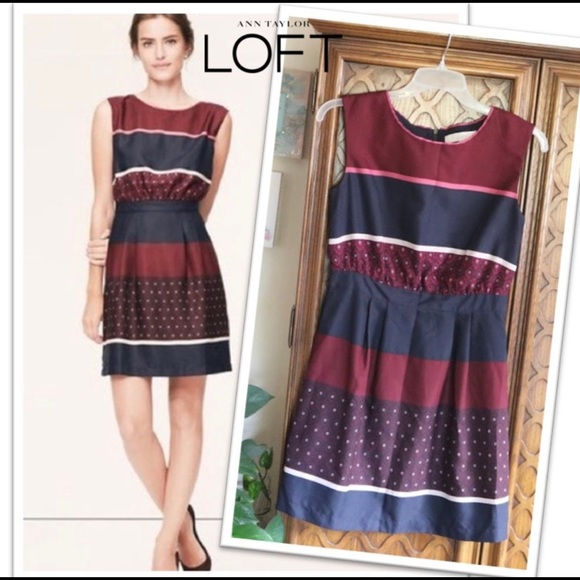 LOFT Sleeveless, Beautiful, A-Line Dress, Navy & Burgundy Design - Picture 2 of 6